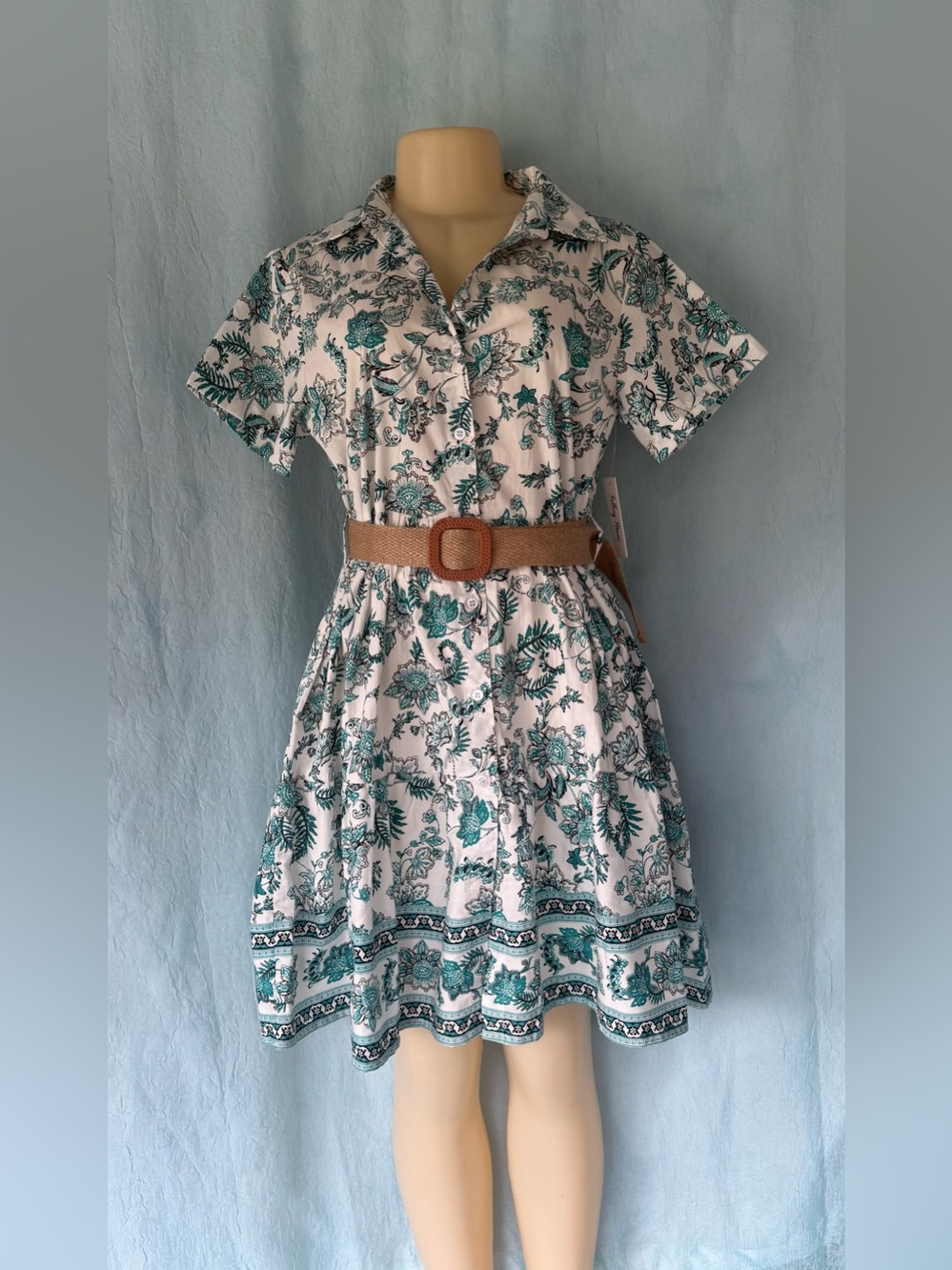 Falling Flower Floral 100% Cotton Belted Shirt Dress NWT